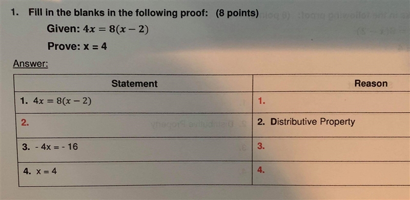 Fill in the blanks in the following proof: Given: 4x = 8 (x-2) Proven: x=4-example-1