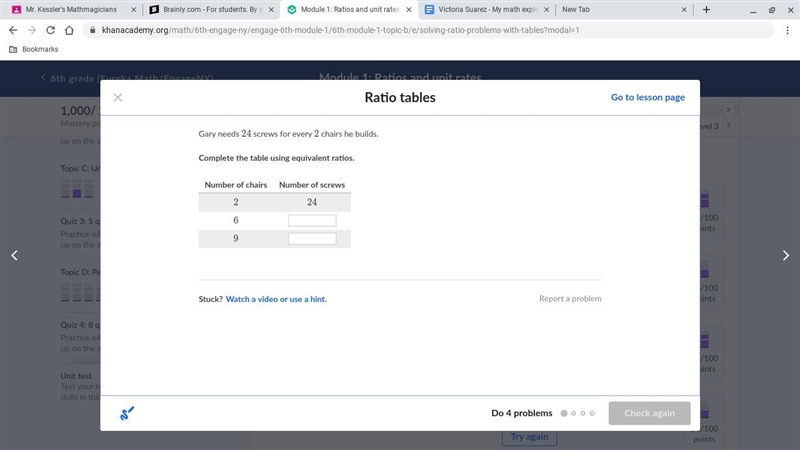 Gary needs 24 screws for every 2 chairs he builds. Complete the table using equivalent-example-1