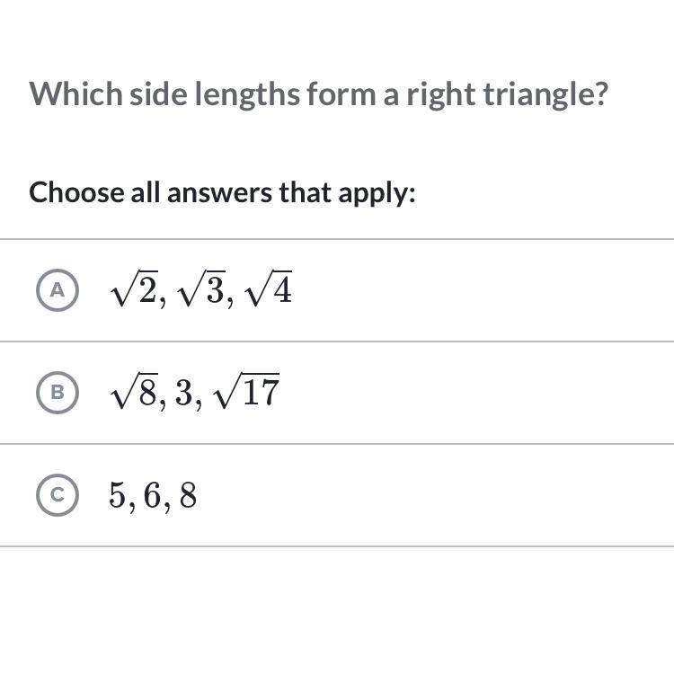 Which side lengths form a right triangle-example-1