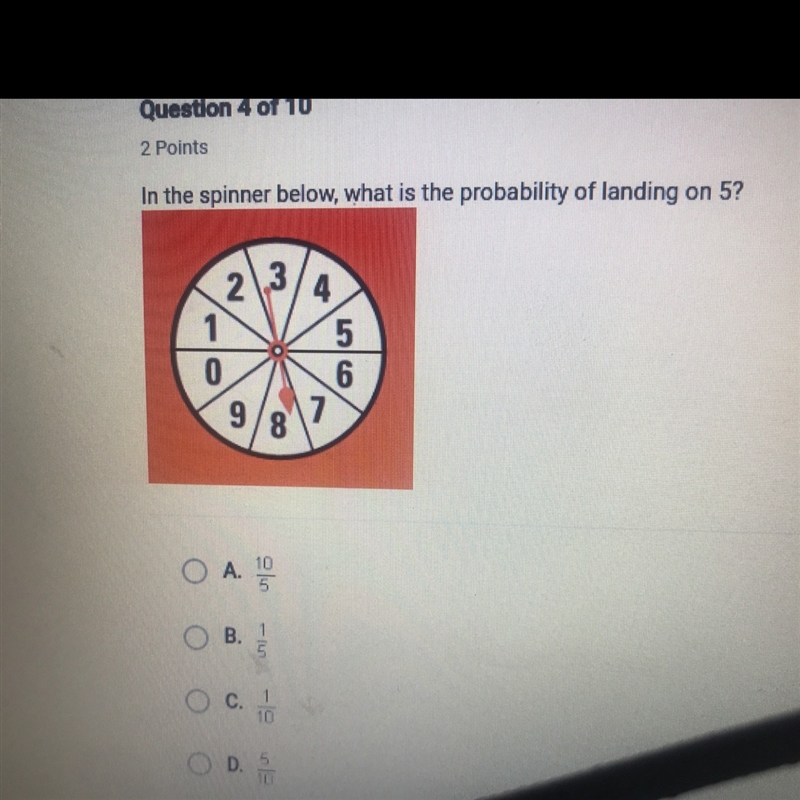 In the spinner below, what is the probability of landing on 5?-example-1