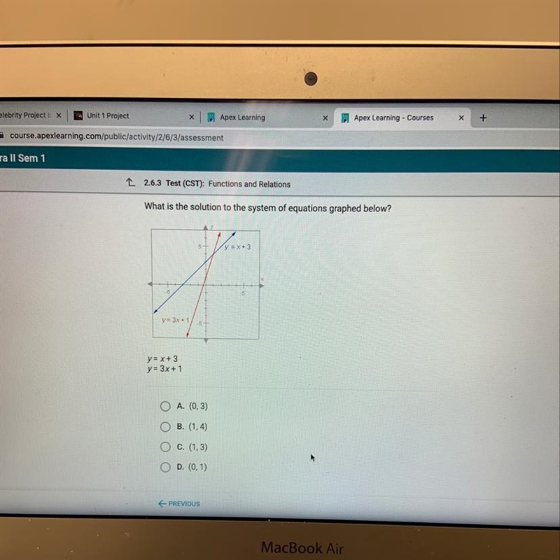 What is the solution to the system of equations graphed below? y=x+3 y=3x+1-example-1