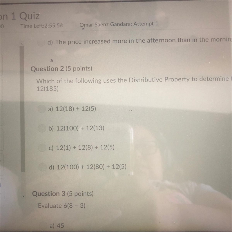 Which of the following uses the Distributive Property to determine the product 12(185)-example-1