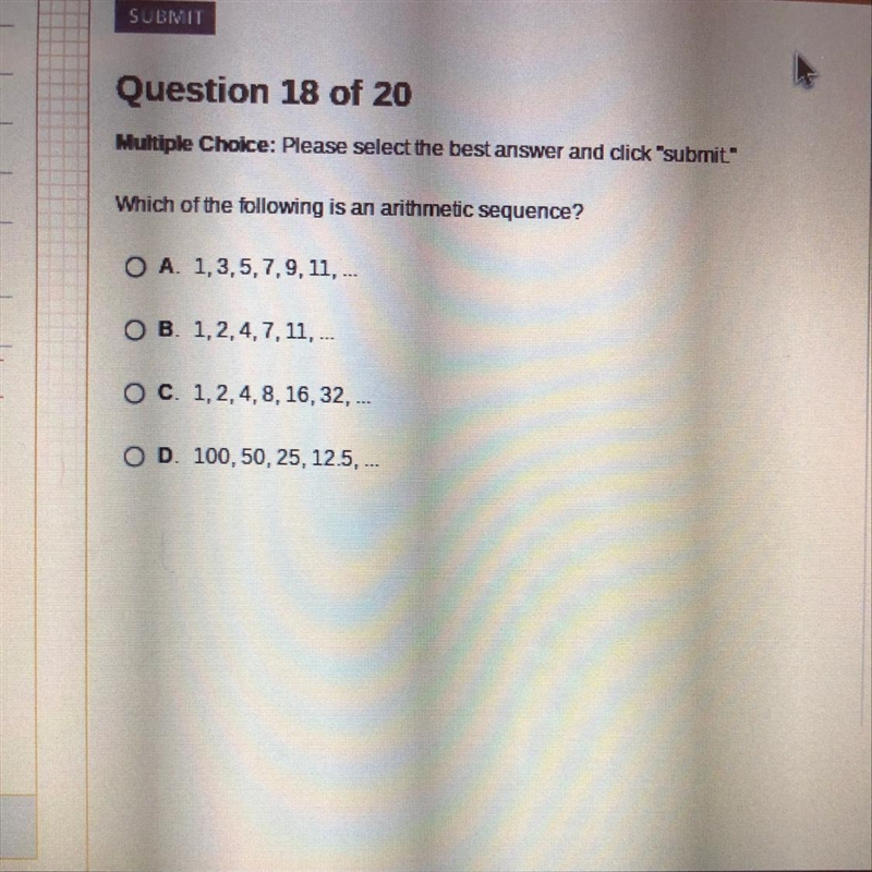 Which of the following is an arithmetic sequence?-example-1