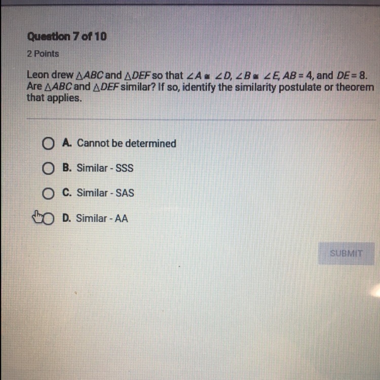 Leon drew ABC and DEF so that A = D-example-1