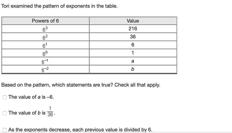 Tori examined the pattern of exponents in the table.-example-1