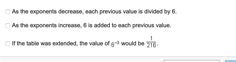 Tori examined the pattern of exponents in the table.-example-2