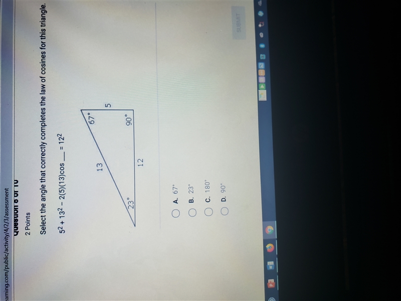 Select the angle that correctly completes the law of cosines for this angle-example-1