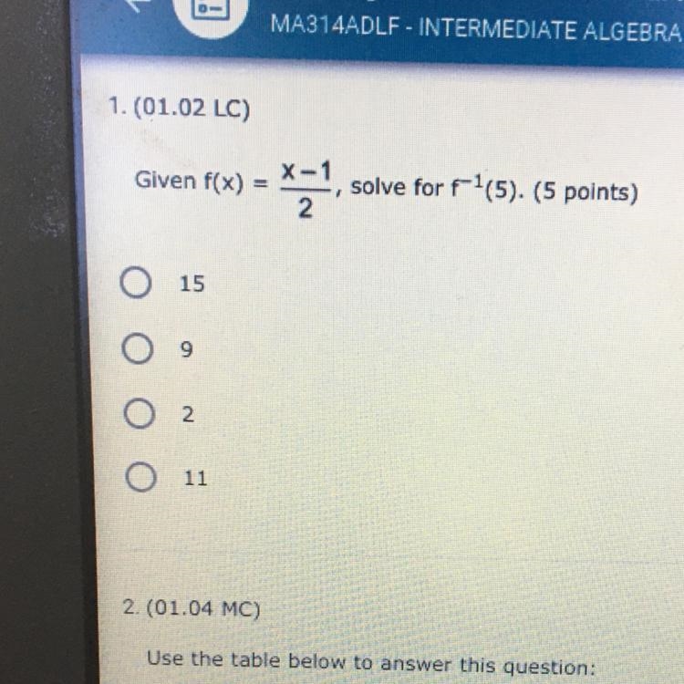 Given f(x) = X-1/2 solve for f1(5).-example-1