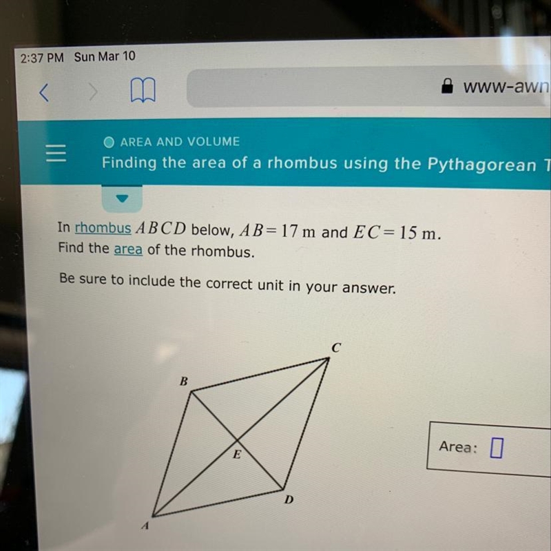 Find the area of the rhombus-example-1