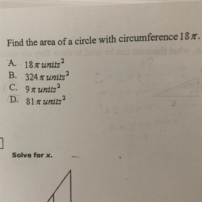 Find the area of a circle with the circumference 18(pi)-example-1