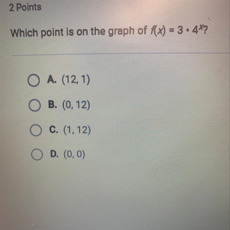 Which point is on the graph of f(x)= 3 • 4^x?-example-1