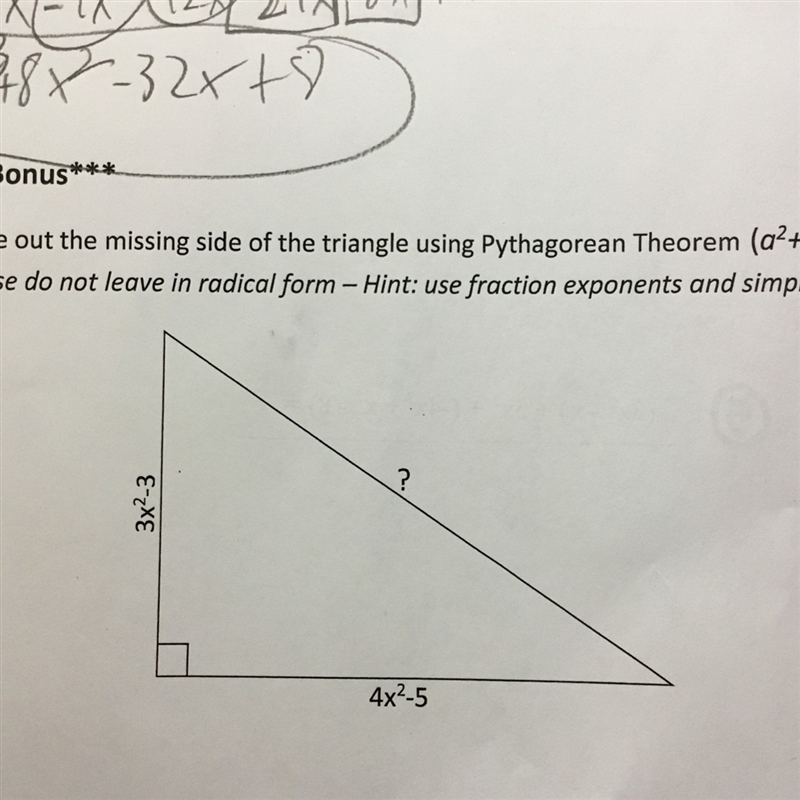 How would I find the missing side with pythagorean theorem-example-1