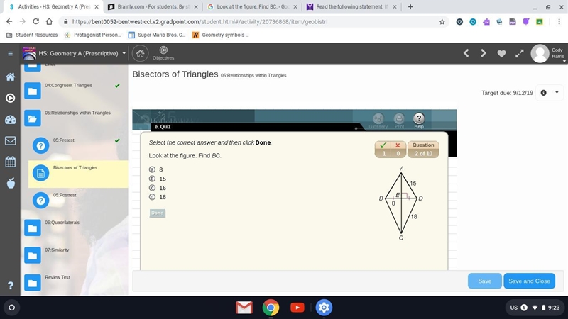 Look at the figure. find BC. A. 8 B. 15 C. 16 D. 18-example-1