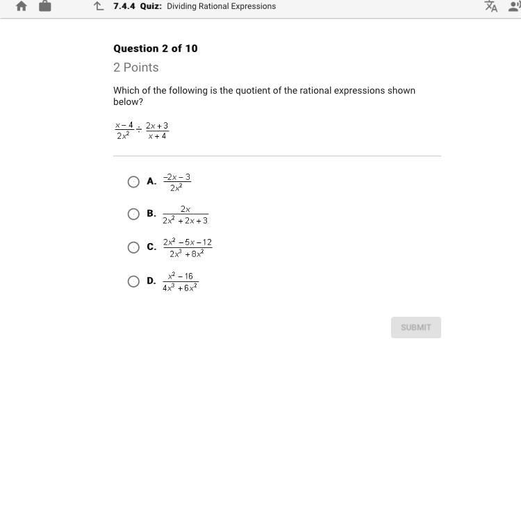 HELPP Which of the following is the quotient of the rational expression shown below-example-1