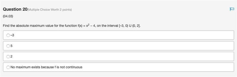 Find the absolute maximum value for the function f(x) = x^2 − 4, on the interval [–3, 0) U-example-1