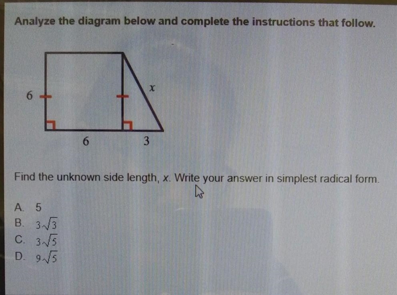 Find the unknown side length, x. Write your answer in simplest radical form.​-example-1