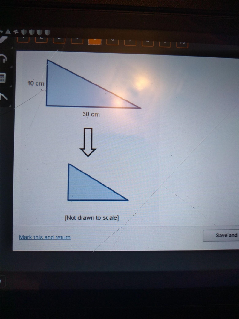 The triangle below has been reduced by a scale of 0.4. What is the area of the reduced-example-1