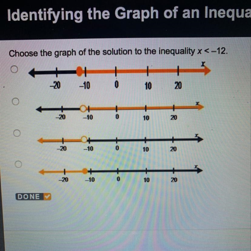 Choose the graph of the solution to the inequality x <-12.-example-1