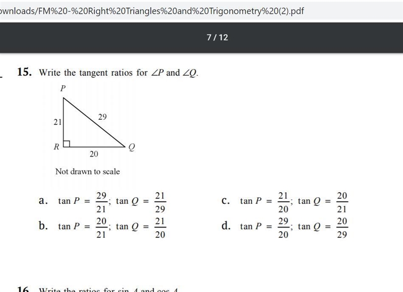 Write the tangent ratios for ∠P and ∠Q-example-1