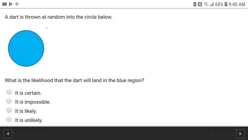 A dart is thrown at random into the circle below. What is the likelihood that the-example-1