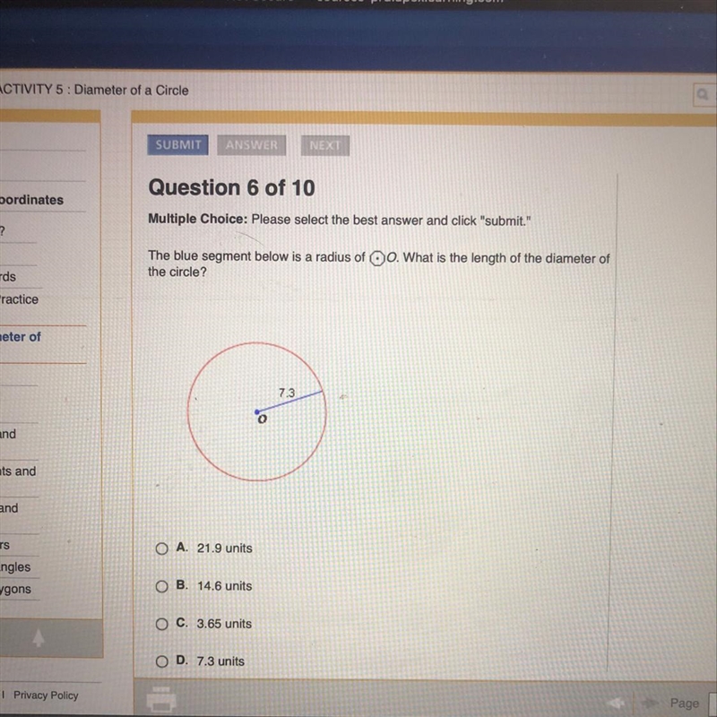 The blue segment below is a radius of O. What is the length of the diameter of the-example-1