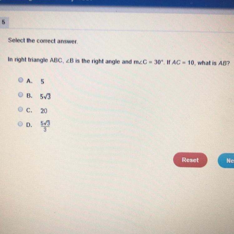 In right triangle ABC, B is the right triangle and m C = 30. If AC = 10 what is AB-example-1