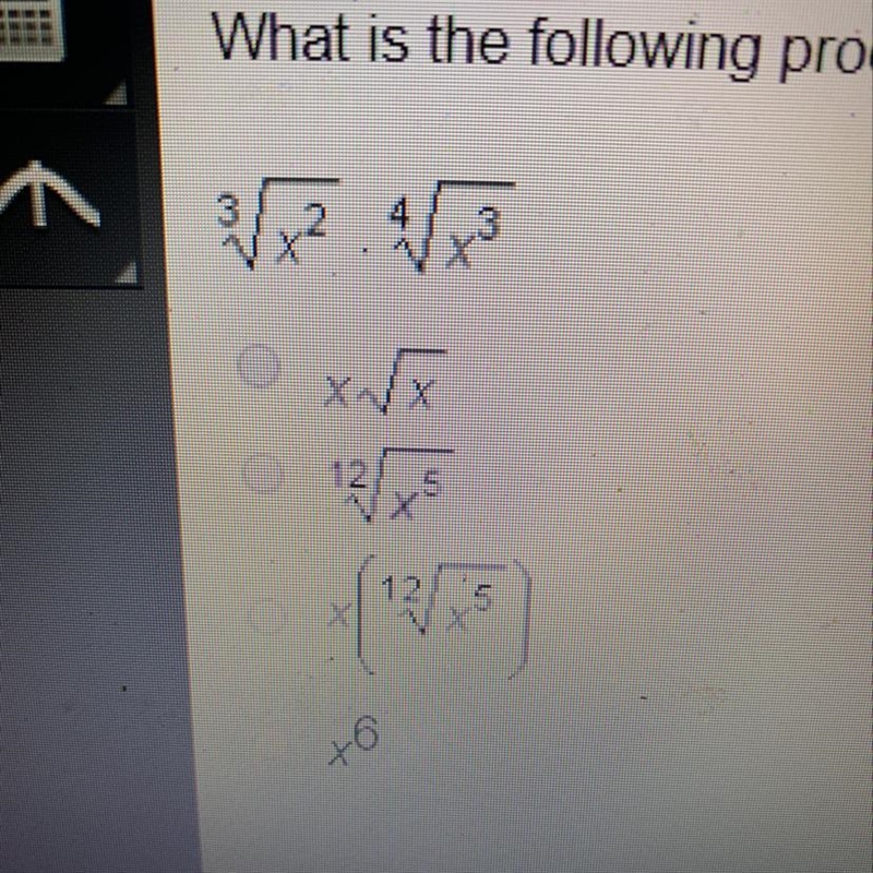 What is the following product? Assume x>/=0 ^3sqrt(x^2)*^sqrtx^3-example-1