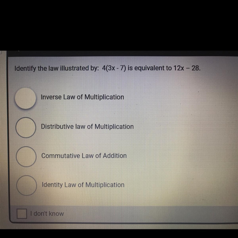 Identify the law illustrated by: 4(3x-7) is equivalent to 12x-28.-example-1