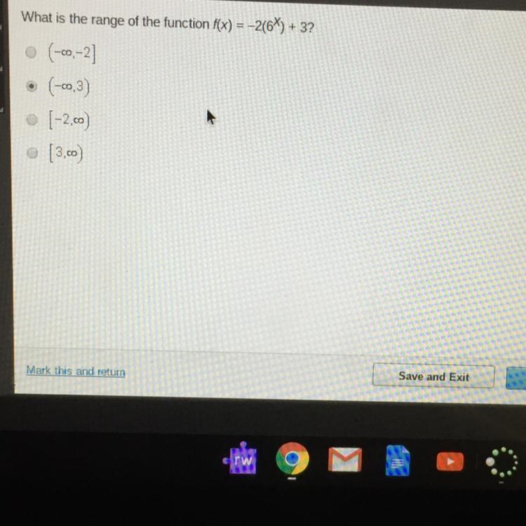 What is the range of the function f(x) = -2(6^x) +3? Answer is B-example-1