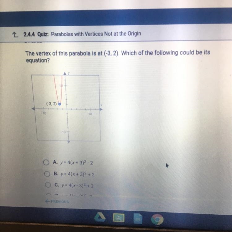 The vertex of this parabola is at (-3,2). which of the following could be its equation-example-1