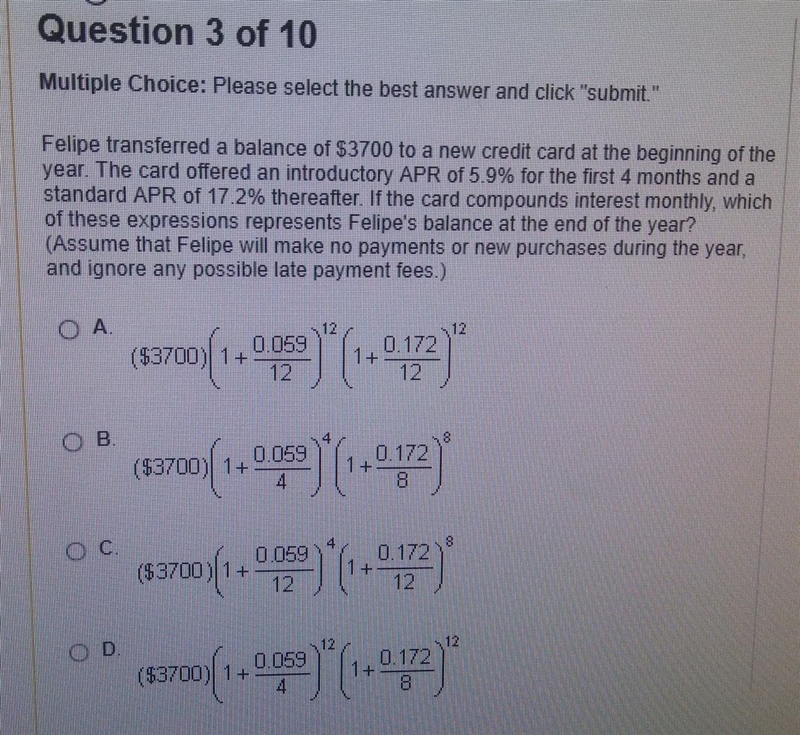 Felipe transferred a balance of $3700 to a new credit...​-example-1