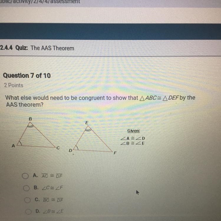 What else would need to be congruent to show that abc=def by the AAS THEORM?-example-1