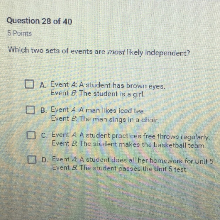 Which two sets of events are most likely independent-example-1