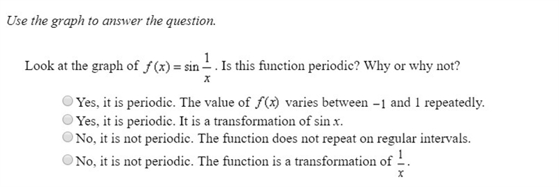 Look at the graph of f(x) = sin 1/x. Is this function periodic? Why or why not?-example-2