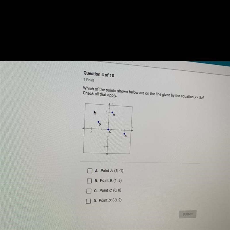 Which of the points shown below are on the line given by the equation y=5x? Check-example-1