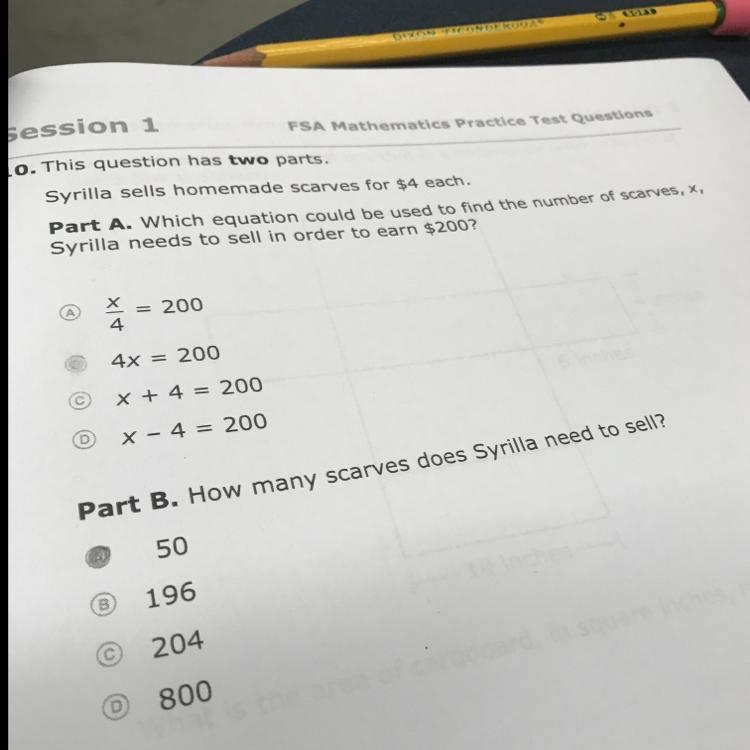 Which equation could be used to find the number of scarves, x, Syrilla needs to sell-example-1