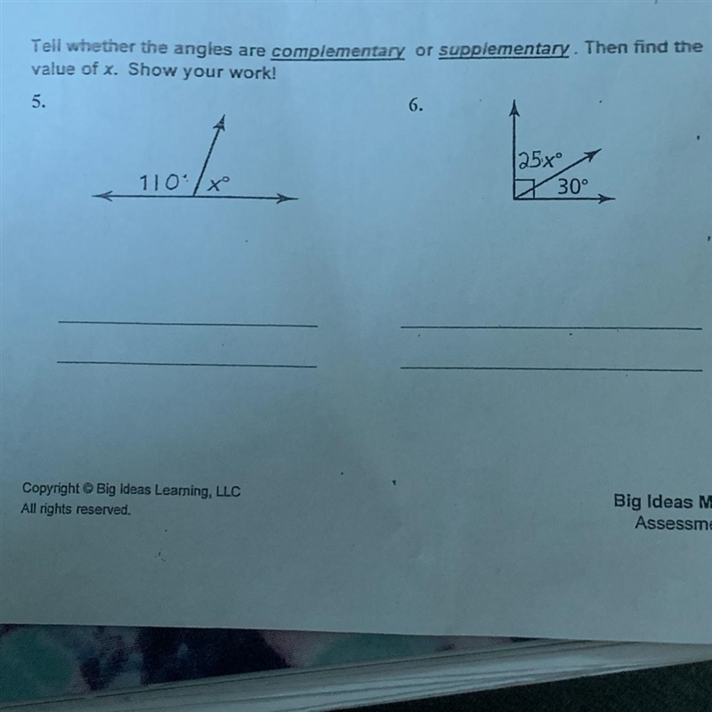 Tell whether the angles are complementary or supplementary. then find the value of-example-1