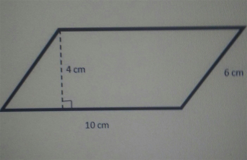 Which equation can be used to find the area of the parallelogram? A. = (6)(4) B. = (10)(4) C-example-1