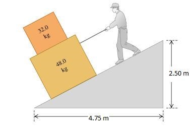 You are lowering two boxes, one on top of the other, down a ramp by pulling on a rope-example-1