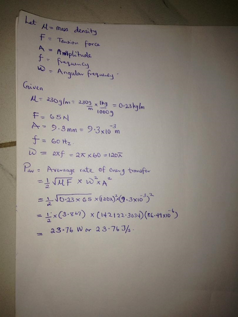 A wave with an amplitude of 9.3 mm is traveling along a string whose linear mass density-example-1