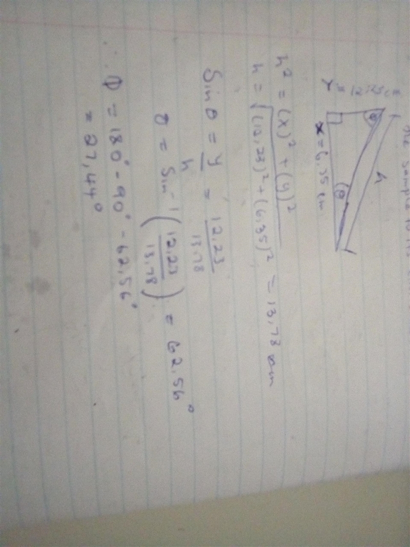 Given a triangle with sides X = 6.35 cm and Y = 12.25 cm with an angle of 90 degrees-example-1