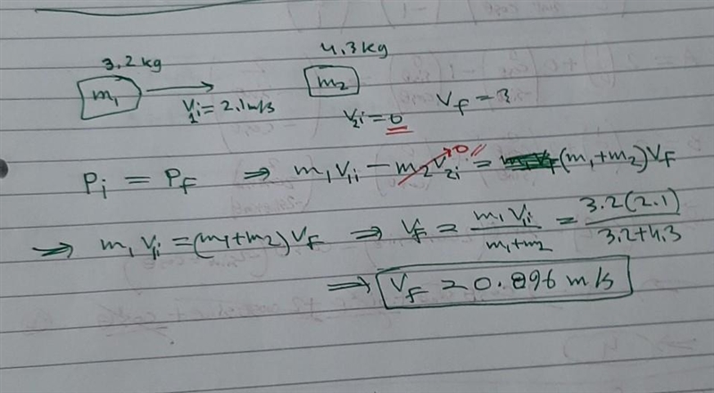 A cart with mass m1 = 3.2 kg and initial velocity of v1,i = 2.1 m/s collides with-example-1