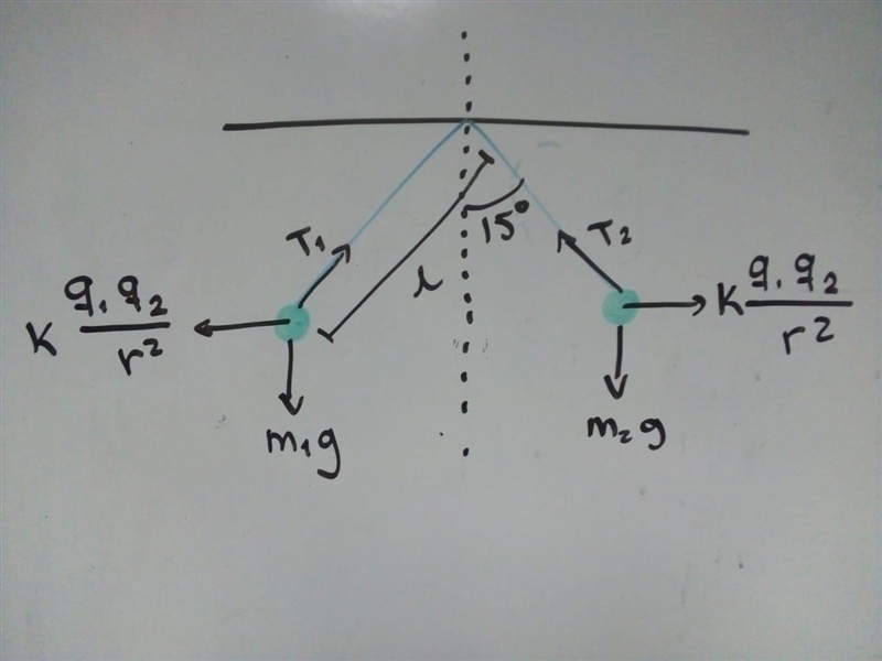 Two identical 7.10-g metal spheres (small enough to be treated as particles) are hung-example-1