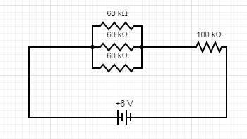 Adiait consists of a dhree 60.0 kQ resistors in paralled placed in series with a 10.0 resisaor-example-1