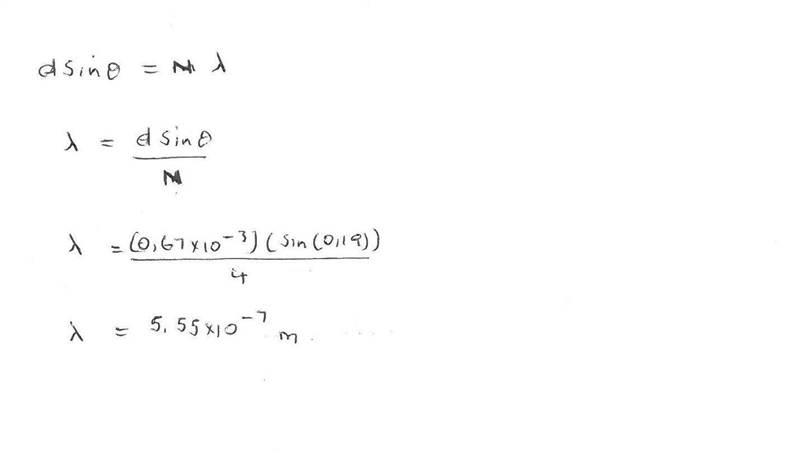 Light passes through a pair of narrow slits with a 0.67-mm separation. It is found-example-1