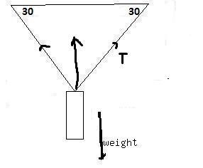 A traffic light of weight 100 N is supported by two ropes that make 30-degree angle-example-1