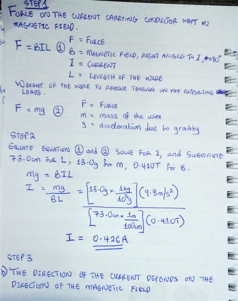 A 13.0 g wire of length L = 73.0 cm is suspended by a pair of flexible leads in a-example-1