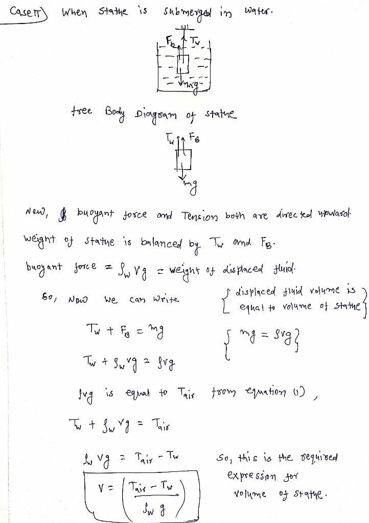 A statue of unknown volume and density is suspended from a string. When suspended-example-1