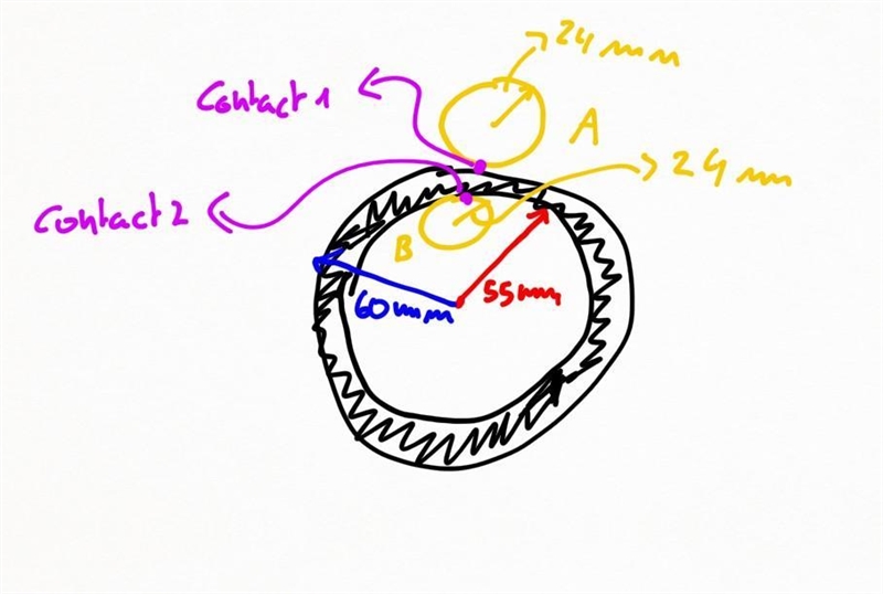 Ring C has an inside radius of 55 mm and an outside radius of 60 mm and is positioned-example-1