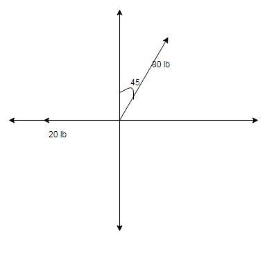 A 20-lb force acts to the west while an 80-lb force acts 45° east of north. The magnitu-example-1